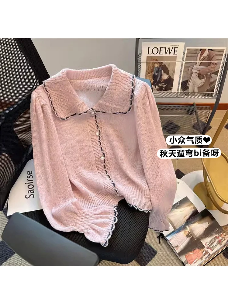 

Women's Pink Peter Pan Collar Cardigan Knitted Sweater 2000s Fashion Long Sleeve Sweater Korean Jumper 90s Y2k Vintage Clothes