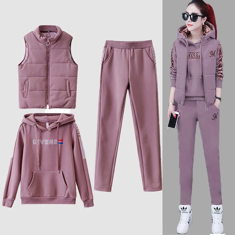 

Women's 3 Piece Set Tracksuit Autumn Winter Sport Suit Hoodies+Vest+Pants Casual Suit Velvet Warm Sporting Women Set Outwear