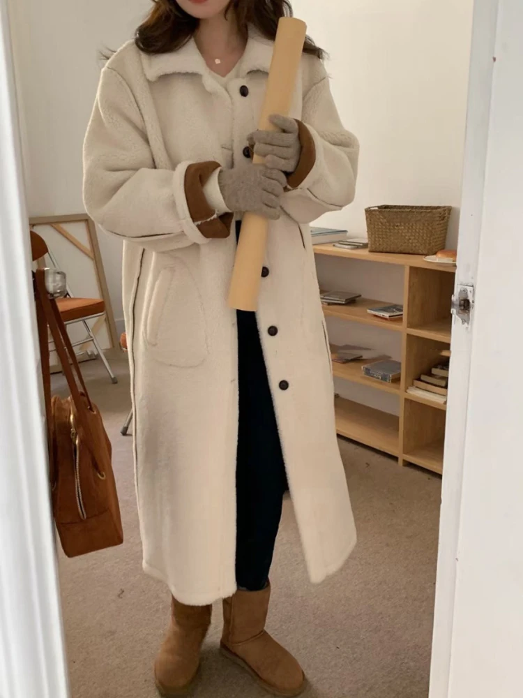 Winter Women Long Lamb Fur Coat Vintage Loose Lapel Collar Overcoat Thick Warm Outerwear Female Single Breasted Plush Coats