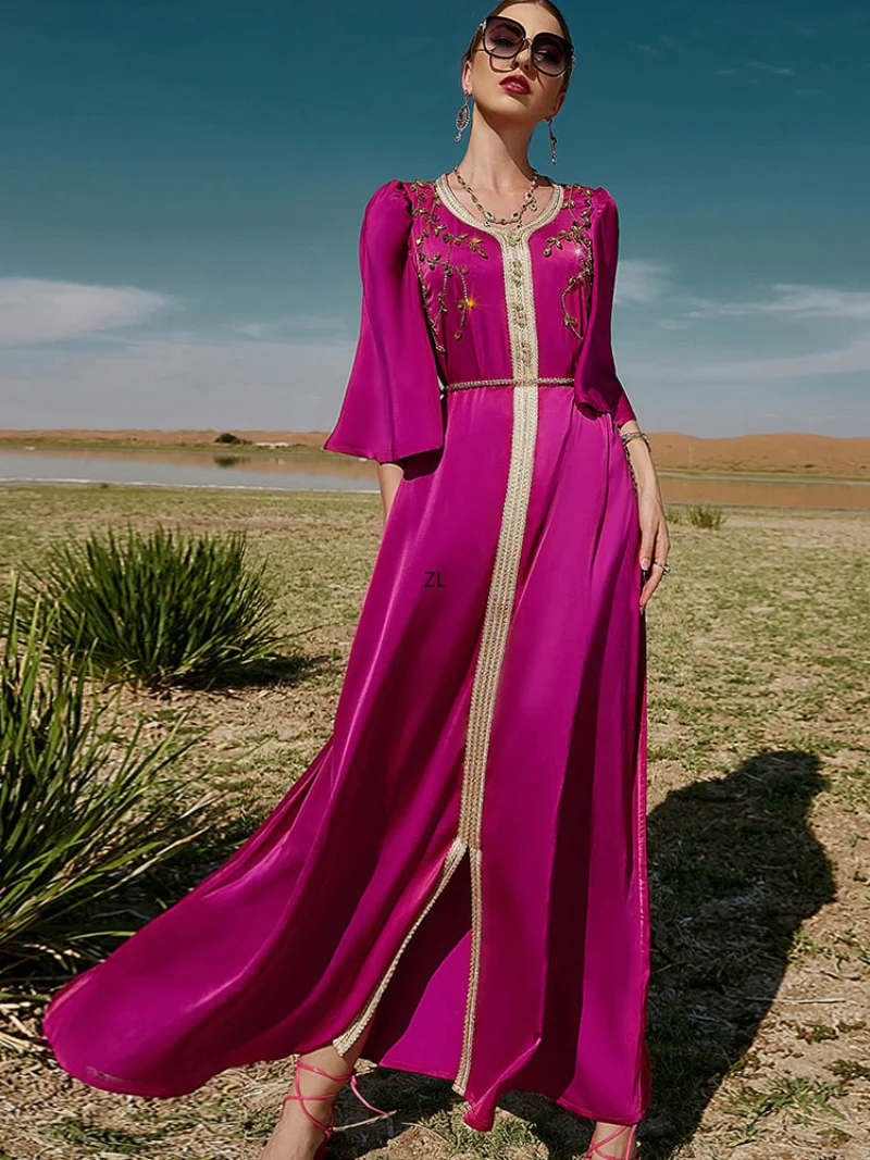 Ramadan Rhinestone Arabic Kaftan Women Moroccan Party Evening Caftan Satin Long Dress Muslim Arab Dubai Abaya Wedding Banquet