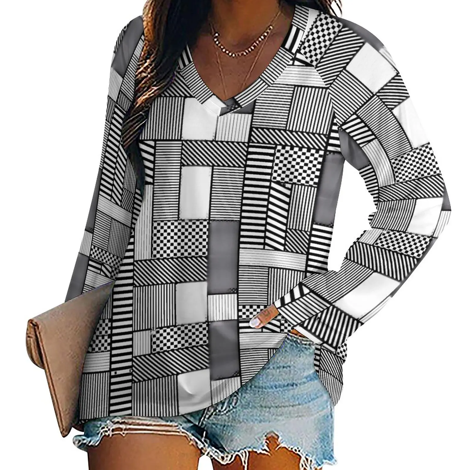 

Patchwork Print T-Shirts Geomatric Casual T-Shirt Long Sleeve Pretty Custom Tees Woman Clothing 3XL 4XL 5XL