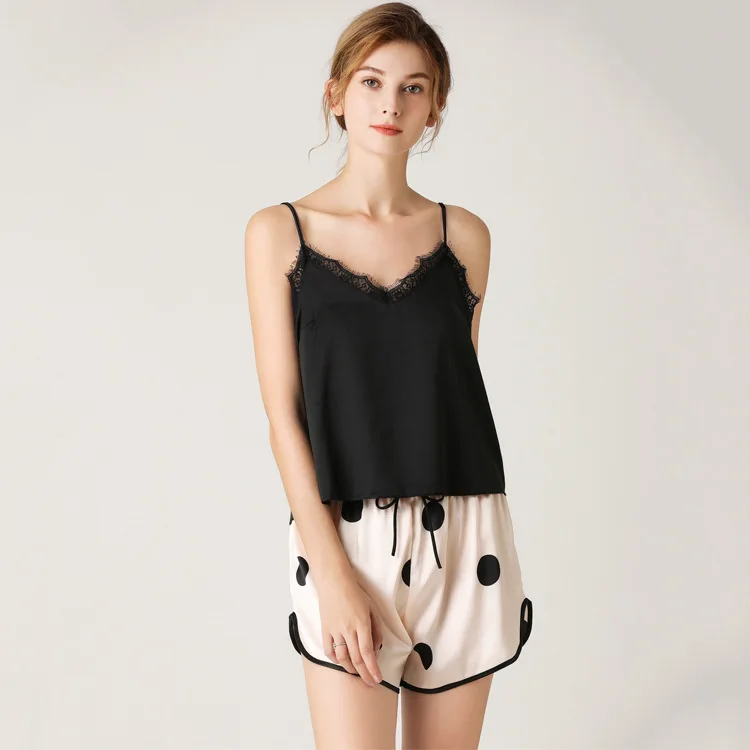 

Lace Sexy Pajamas Summer V-neck Print Leisure Suspenders Shorts Two-piece Sleeveless Imitated Silk Pajama Set