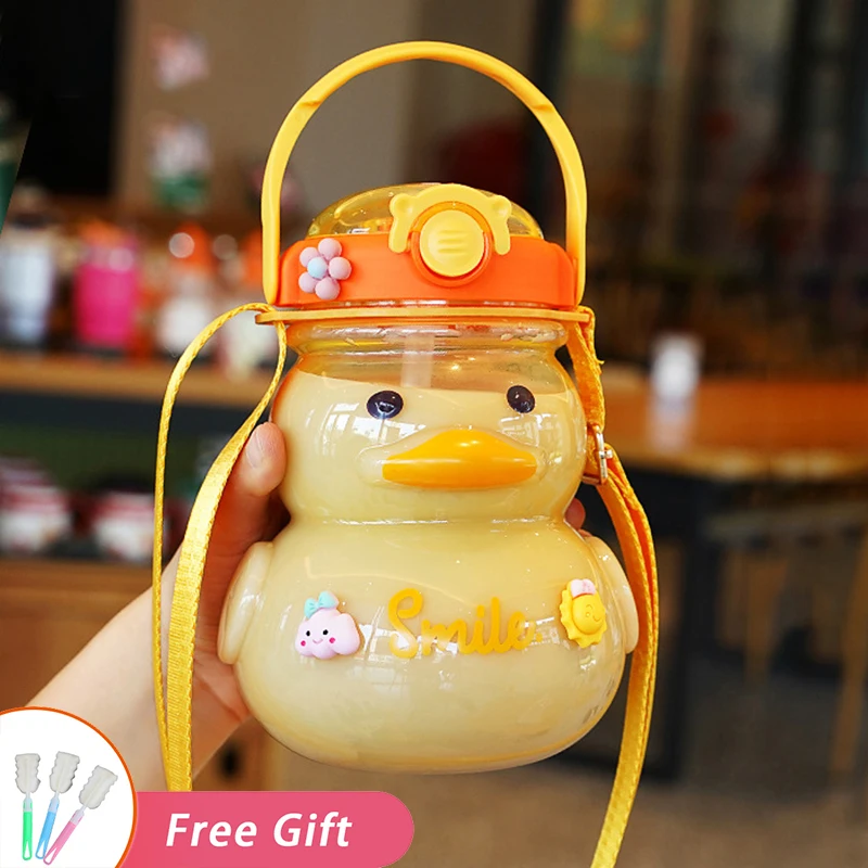 

1L Yellow Duck Plastic Tumbler Kids School Kawaii Cup Summer Travel Mug Portable Sport Straw Kettle Cute Water Bottle For Girls