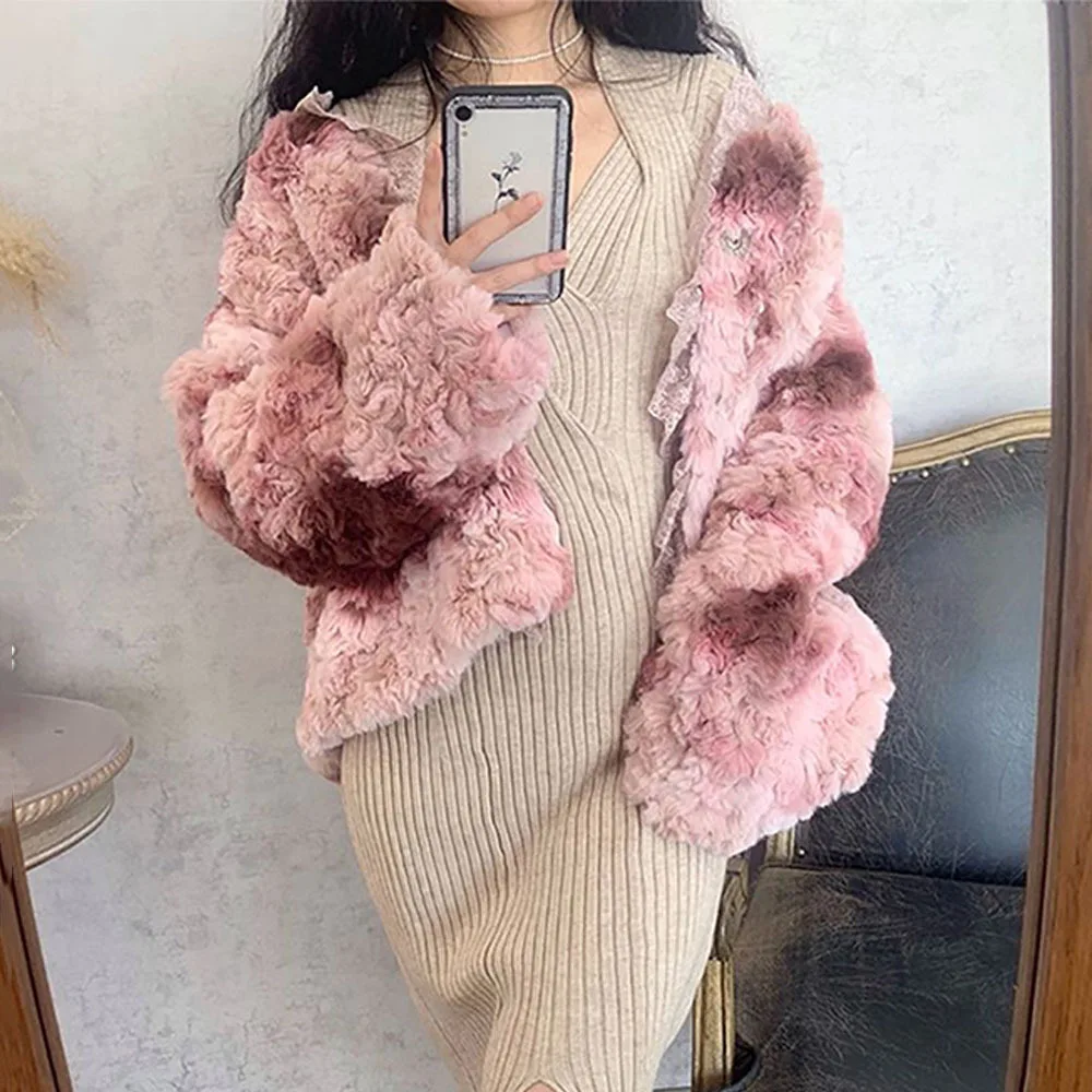 

Floral Fur Coats Women Winter Fashion Pink FAUX Rabbit Fur Coat Lace Patchwork Thicken Warm Outwear Fake Fur Woman Short Jacket