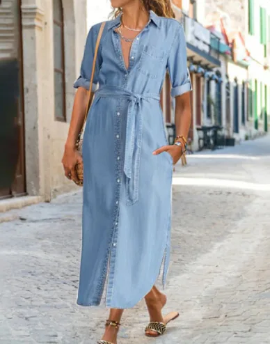 

Женское джинсовое платье-рубашка, Длинное свободное Повседневное платье из денима, лето 2023