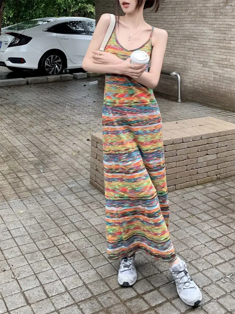 Французская Летняя мода новый дизайн нишевое приталенное платье с радужными