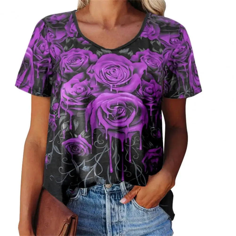 

2022 Fashion Women T-shirt Casual Short Sleeve O Neck Rose Flower Print Summer Tee Shirt Women Top Streetwear Red 5XL