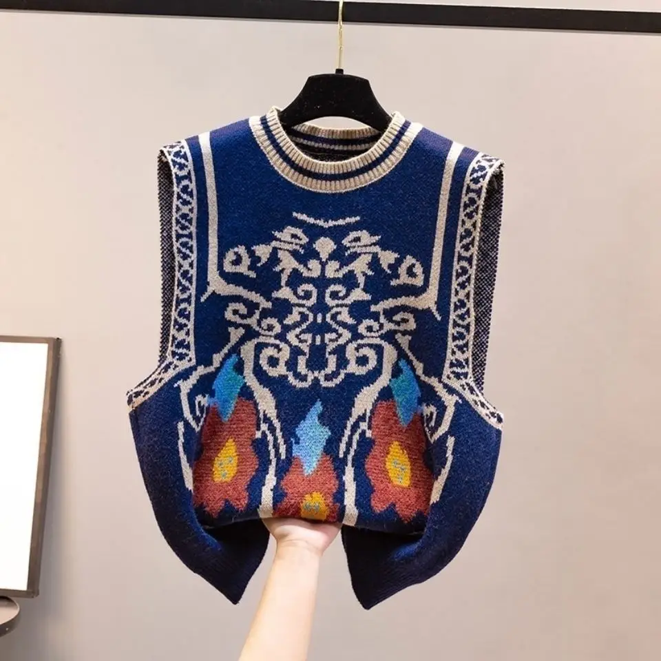 Retro Embroidered Women's Knitted Vest Sleeveless Tops Sweater Waistcoat Korean Fashion Keep Warm Autumn Winter Coat Grace