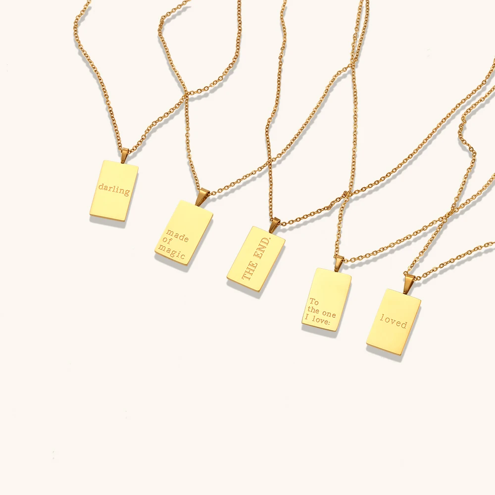 

Romantic 18K Engraved Letters "To the one i love" "darling" Rectangle Pendant Necklace 2022 Stainless Steel Necklaces for Women