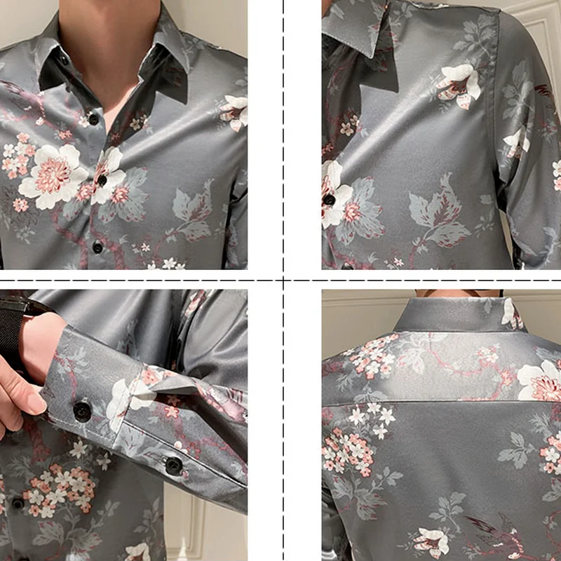 Floral Print Shirts for Me's 2021 Autumn Long Sleeve Casual Slim Fit Shirt Business Dress Shirts Tops Social Party Chemise Homme