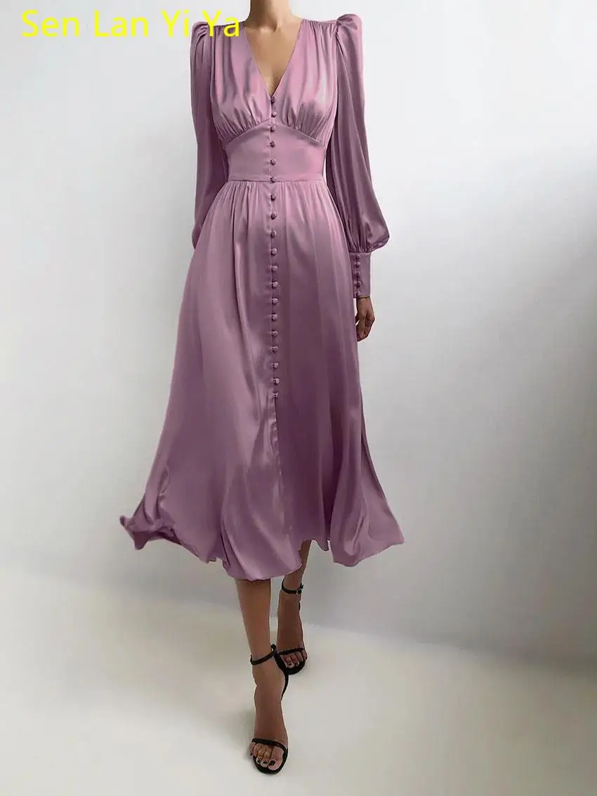 

Женское атласное платье с высокой талией, V-образным вырезом и рукавом-фонариком