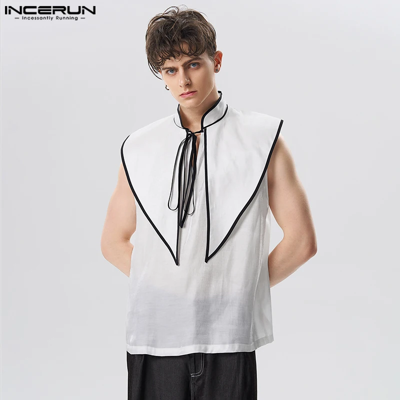 

INCERUN Tops 2023 American Style Men Fashion Personalized Neck Patchwork Vests Solid Comfortable Line Sleeveless Waistcoat S-5XL