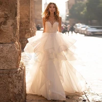 luxury wedding dress sleeveless tulle bead appliques pleat tiered white vestido de novia elegant for women 2022 a line
