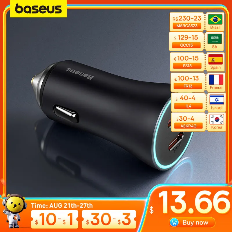 

Baseus 40W Car Charger Dual PD Fast Charging USB C Car Phone Charger Quick Charge 3.0 FCP AFC For iPhone 12 13 14 Samsung Xiaomi