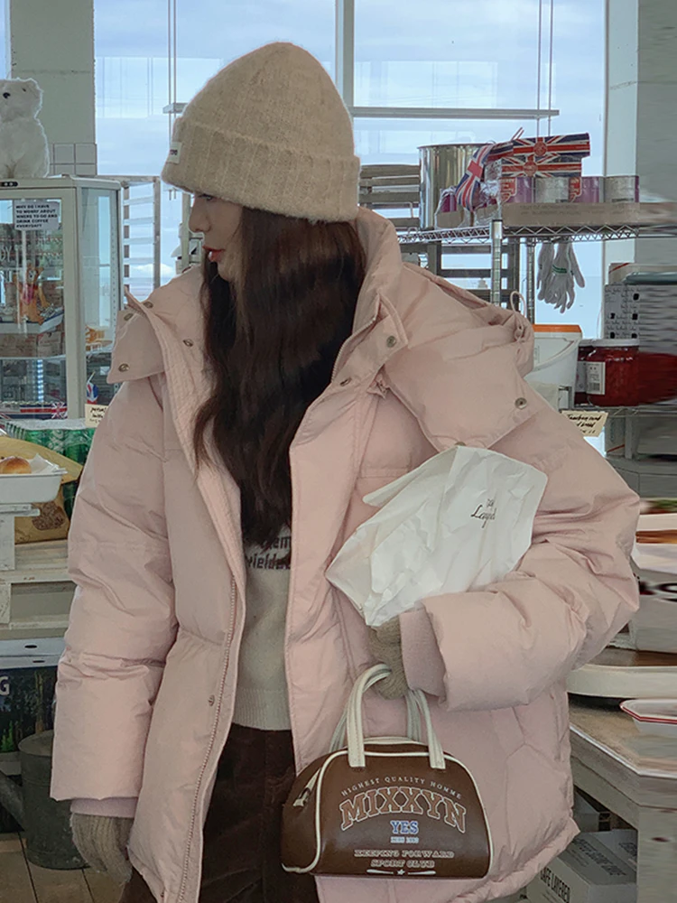 Женский короткий пуховик розовый в Корейском стиле свободный зимнее плотное