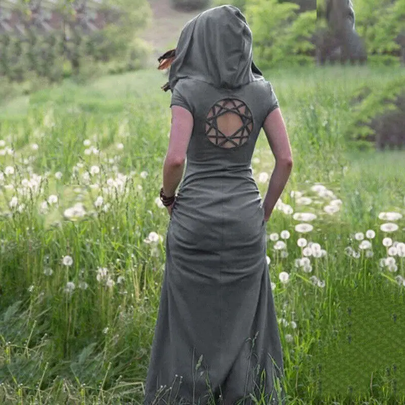 

Summer Women Gothic Medieval Vintage Hooded Long Dress Maxi Pixie Dress Cosplay