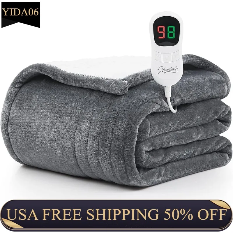 

Homemate Heated Blanket Electric Throw - 50"x60" Heating Blanket Throw 1/2/4/6/8 Hours Auto-off 10 Heat Level Heat Blanket