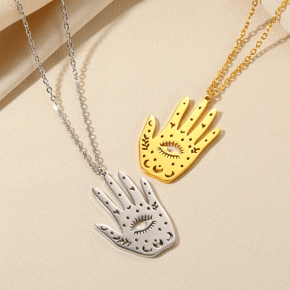 

Vintage Türkiye Evil Eye Necklace Pendant For Women Gold Color Stainless Steel Lucky Hand Hamsa Necklace Religious Jewelry Gift