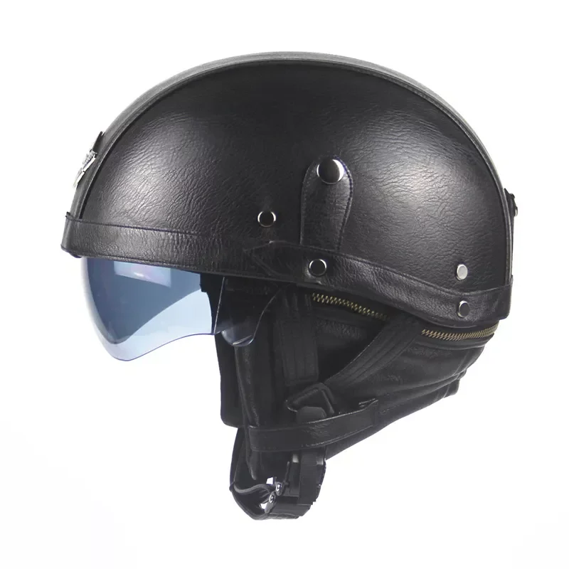 

Motorcycle Motorbike Rider Half PU Leather Retro Helmet Visor With Collar Open Face Half Motor with dual lens