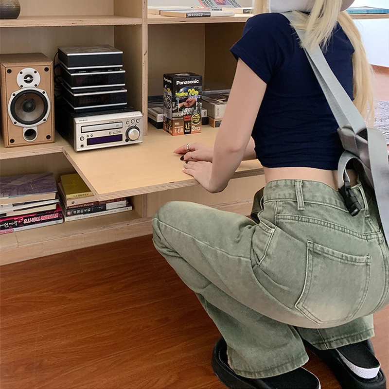 New Spring and Autumn High Waist Women's Jeans Small Green Straight Mop Trousers Loose Burrs Wide Leg