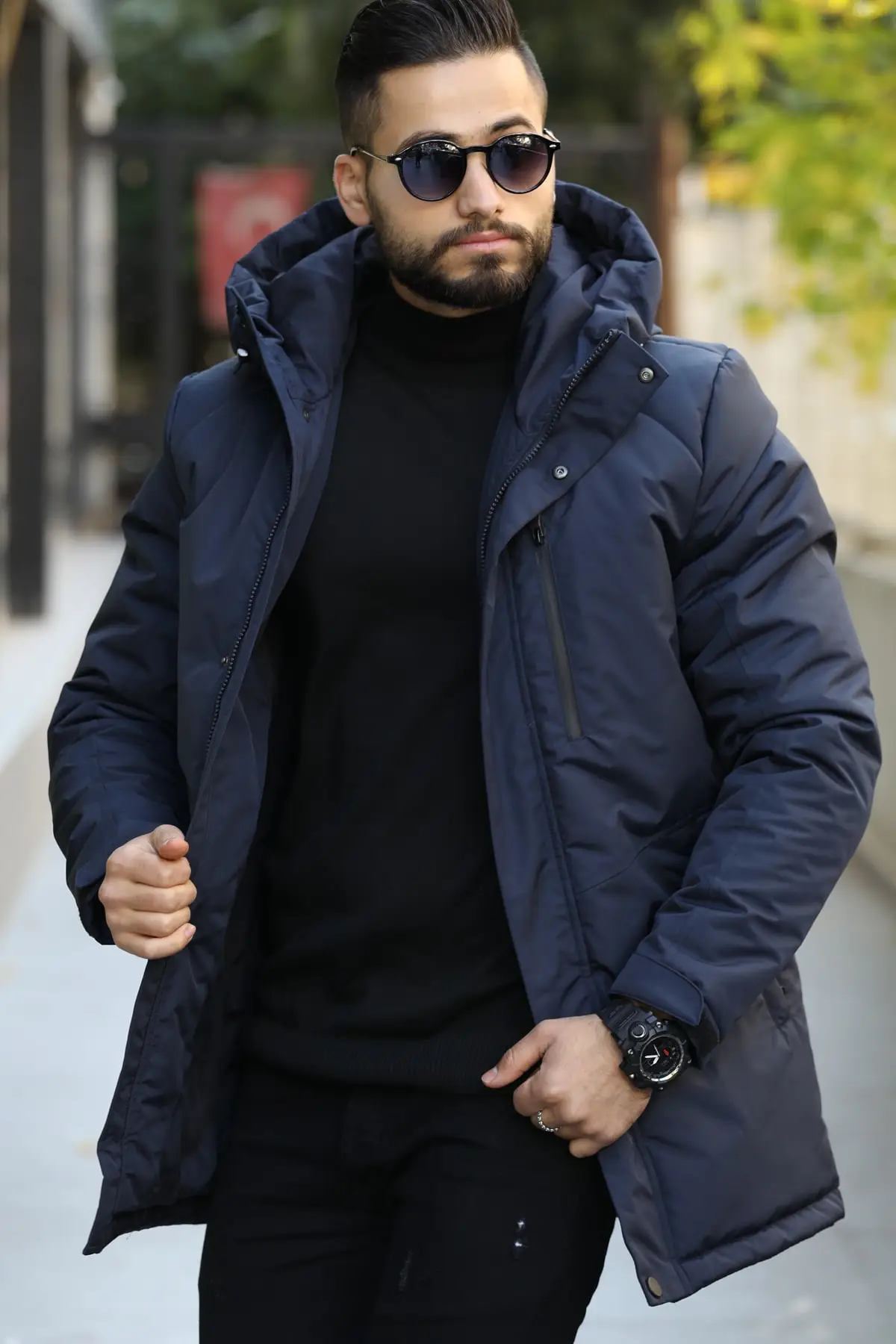 Men's Navy Blue Waterproof Hooded Windproof Coat