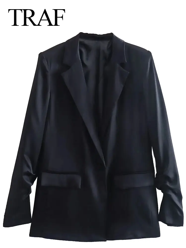 

TRAF 2022 Fashion New Solid Black Pleated Blazer Suit Collar Casual Loose Commuter Jacket Flap Chic Long Sleeve Jacket Women