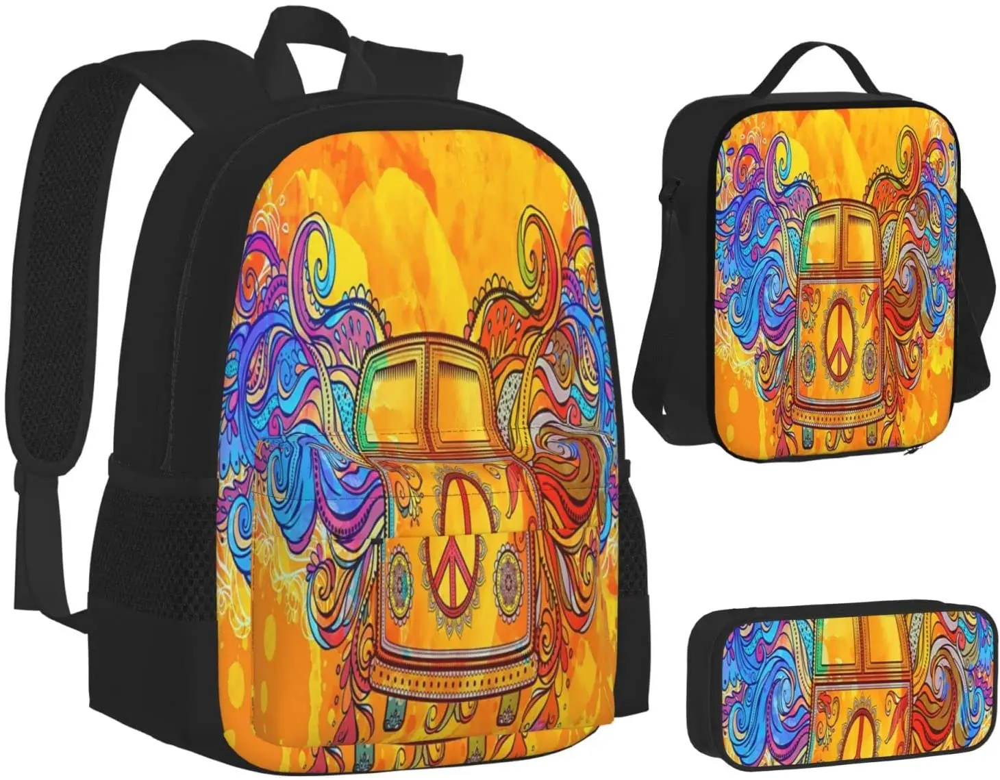 School Backpack Hippie Style Retro Style Schoolbag Travel Bag Casual Daypack Lunch Bag Pencil Case for Boy Teens Girls 3pcs Sets
