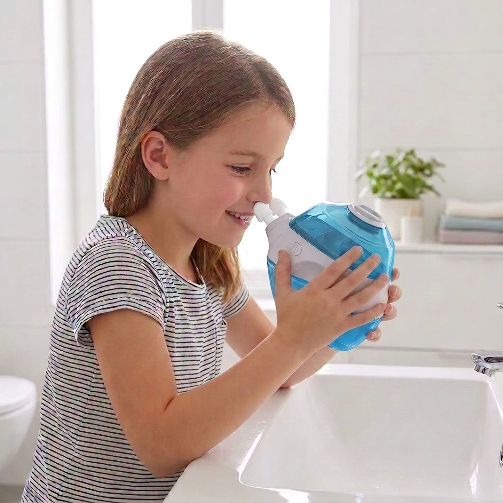 Фото Электрический ирригатор для носа Surecare 300 мл, портативный ирригатор Neti Pot с двойным соплом для детей и взрослых, перезаряжаемый аппарат для промывания носовых пазух №1