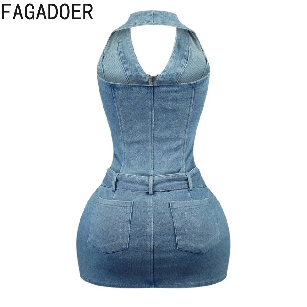 FAGADOER сексуальное джинсовое платье с бретелькой на шее женское облегающее без