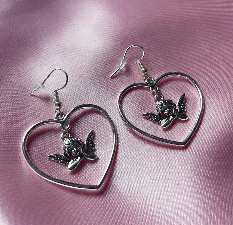 

Silver Plated cherub In Heart Charm Earrings
