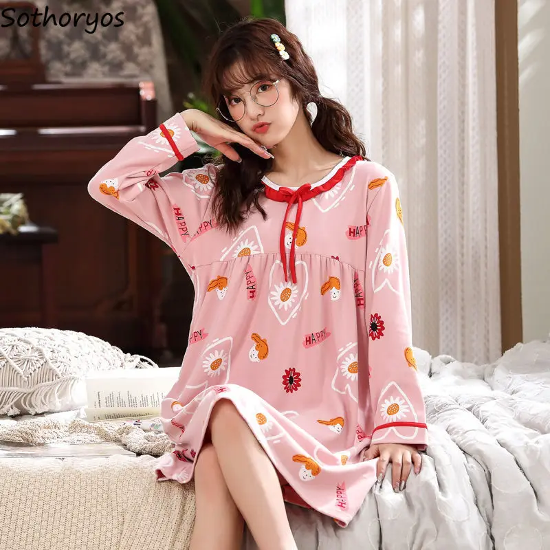 

Stylish Kawaii Nightgowns Women Loose Sweet Chic Long Sleeve O-neck Nightdress Females Gentle Leisure Homewear Spring Printing