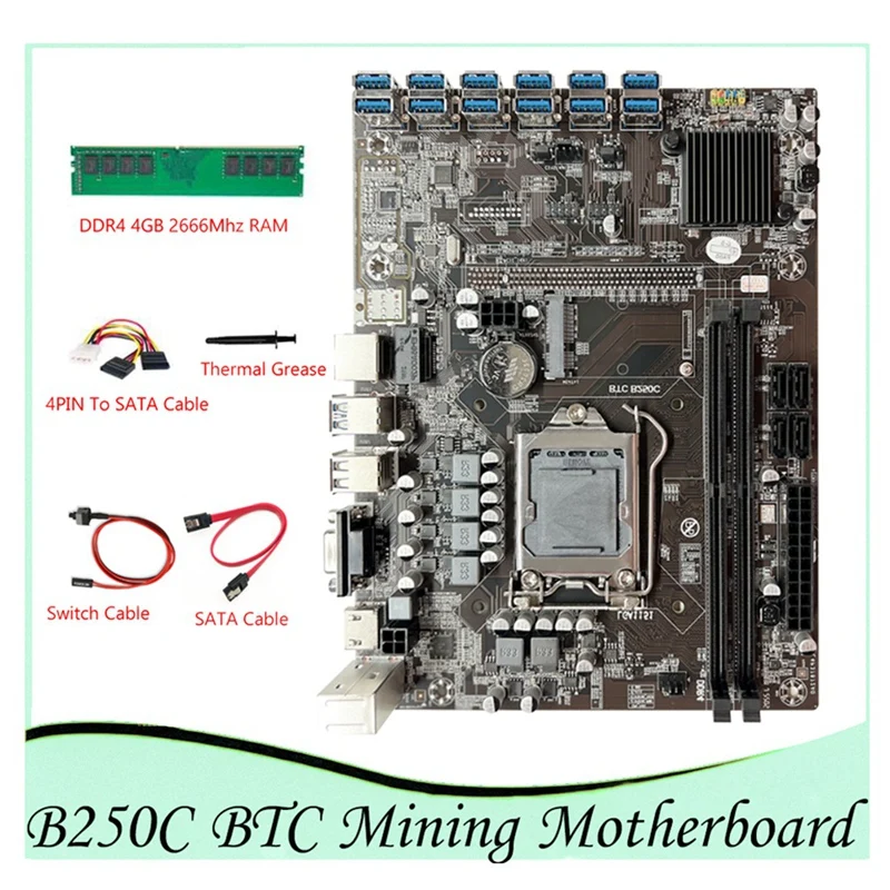 

B250C BTC Mining Motherboard 12GPU PCIE To USB3.0 Slot LGA1151 DDR4 4GB 2666Mhz RAM+4PIN To SATA Cable ETH Miner