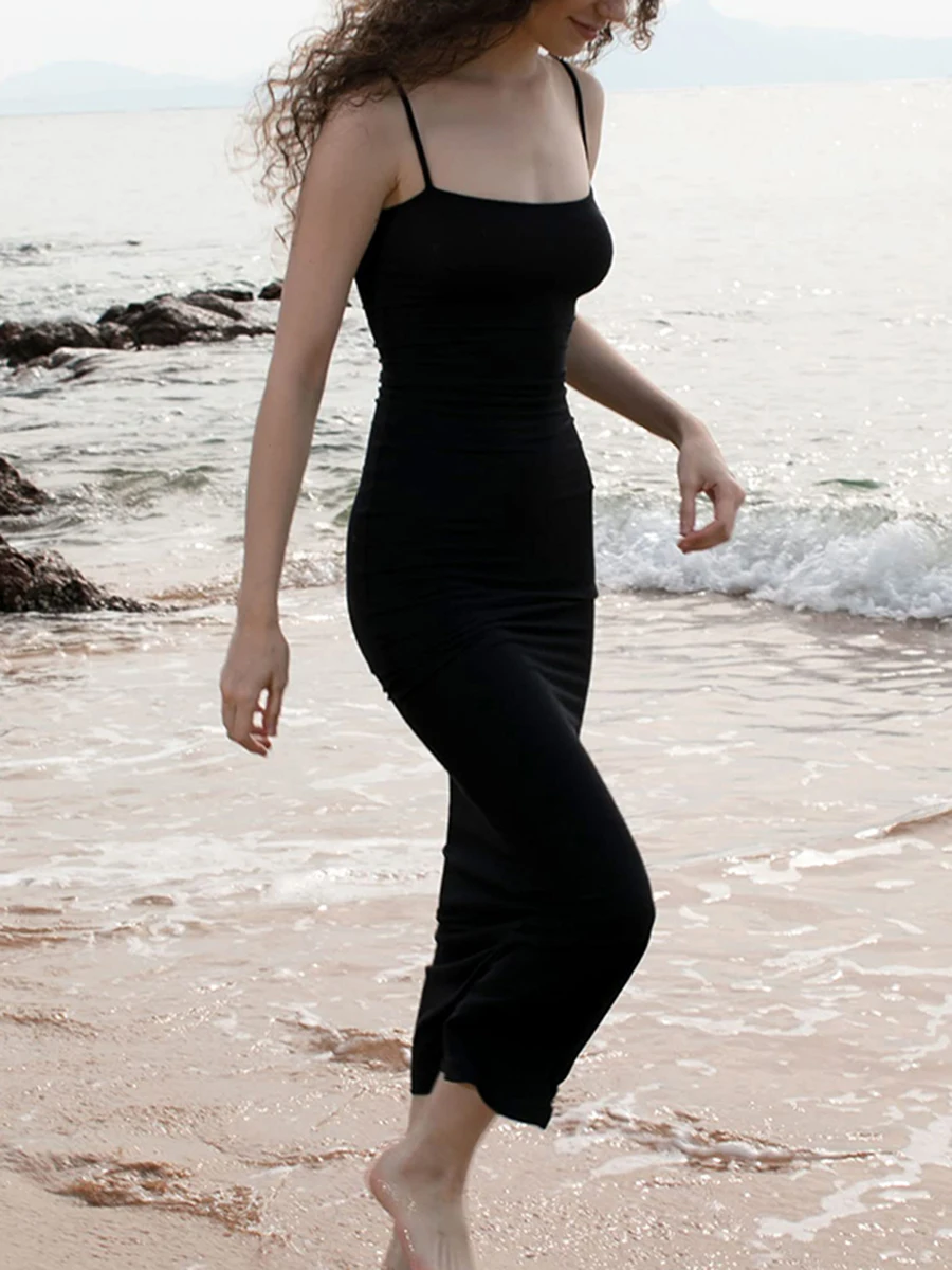 

Women's Summer Pit Strip Long Sling Dress Solid Color Spaghetti Straps Square Neck Sheath Dress For Party Club Beach Dress