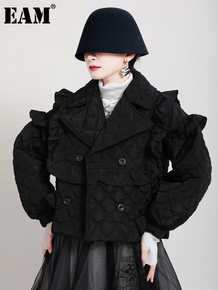 

[EAM] Black Ruffles Big Size Cotton-padded Coat Long Sleeve Loose Fit Women Parkas Fashion Tide New Autumn Winter 2023 1DF4846