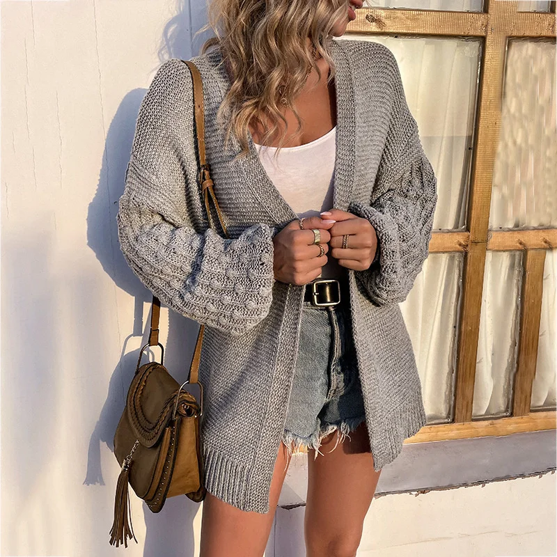 

Casual and comfortable solid color lantern sleeve sweater women's cardigan autumn/winter 2023 new medium length sweater coat