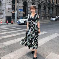 2022summer new style maxi dresses for women clothing office lady flounced edge butterfly sleeve a line chiffon polyester v neck