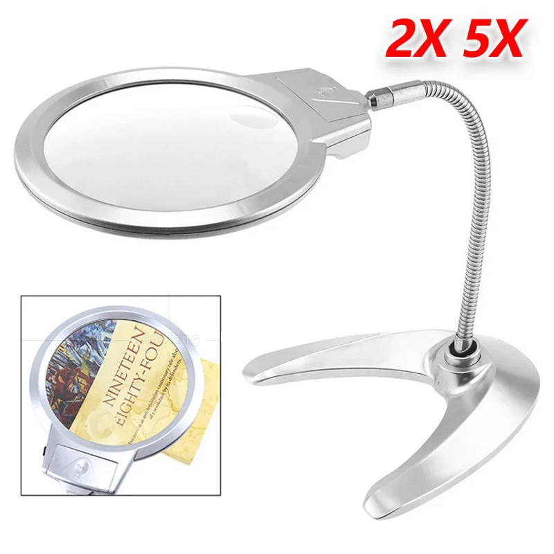 

Adjustable Metal Hose Magnifier Flexible Foldable Desk Illuminated Magnifiying Glass 5X 2X Loupe Magnifier for Repair Reading