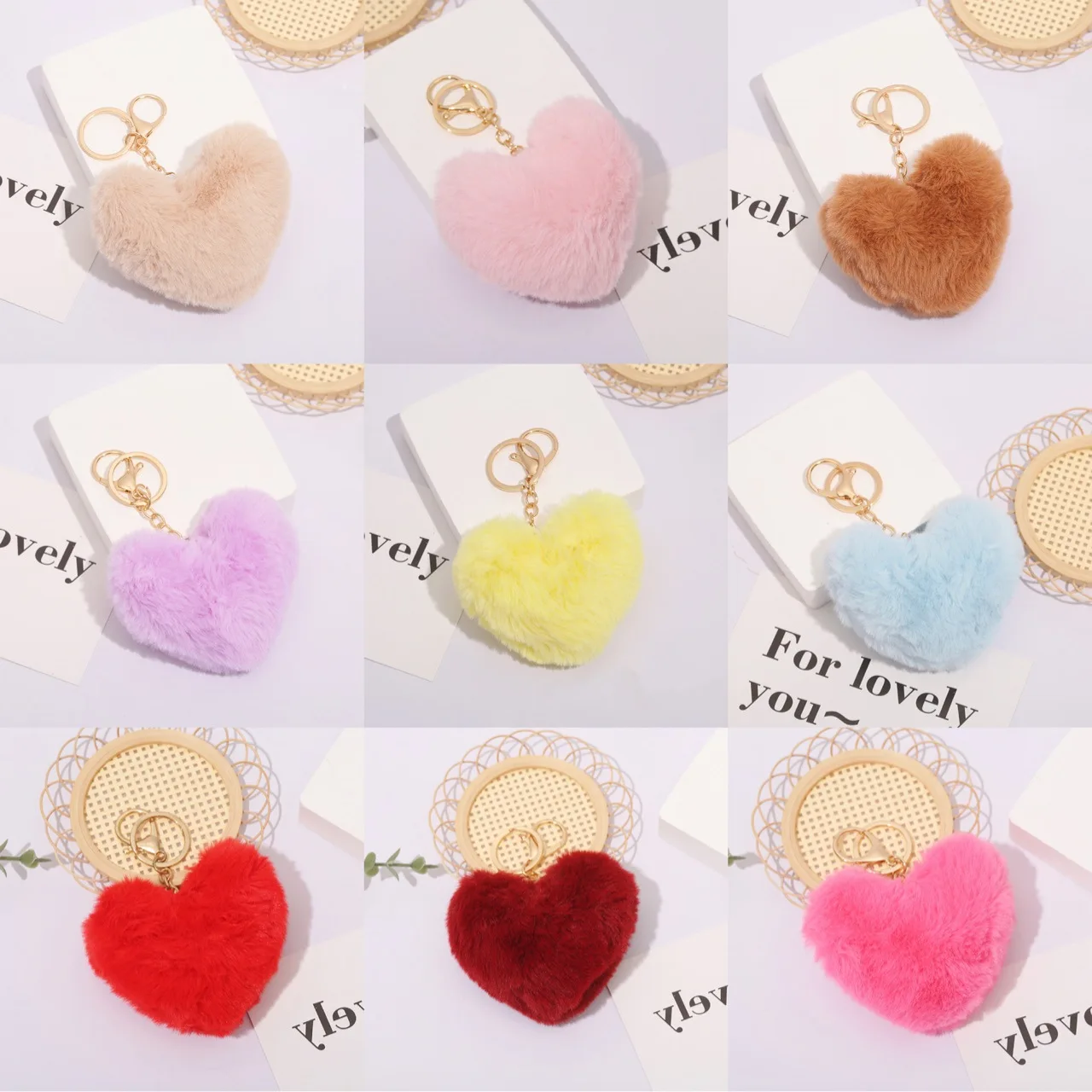 

60pcs/lot Wholesale Plush Loving Heart Pendant Cars Bags Peach Fuzzy Ball Hanging Drop Stuffed Gift Keychain Key Chain Pta307
