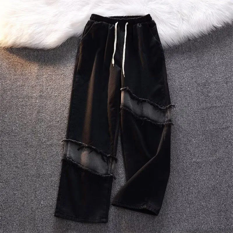 

Straight Loose Wide Leg Pants Stitching Embroidered Casual Pants Work High Street West Coast Style Hip-hop Rap Tied Rope Jeans