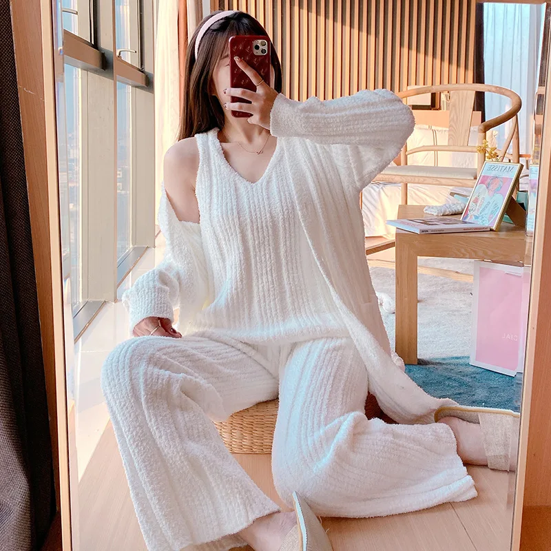 Winter Pajamas Three-piece Set Coat Vest Women Trousers Long Sleeves Warm Thick Cardigan Woolen Knitting Home Clothes Europe Pjs