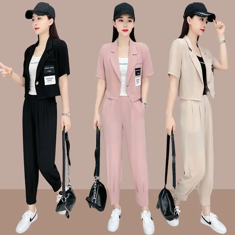 Korean Style Slim Fitting Short Sleeved Jacket Casual Cropped Pants Two-piece Elegant Women's Pants Set Office Outfits Clothes