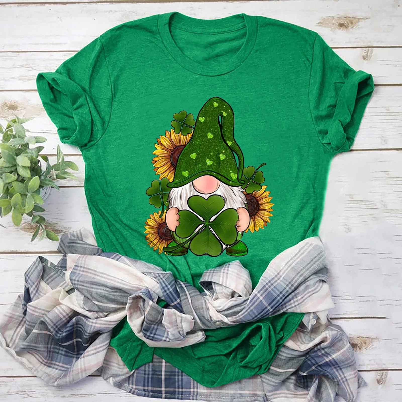 

Женские спортивные рубашки, Женская Повседневная модная рубашка, рубашка с принтом карлика на День Св. Патрика, короткая белая рубашка с кру...