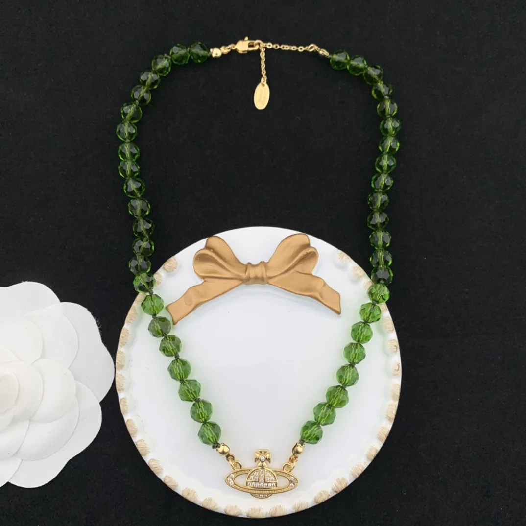 

European and American fashion green crystal Saturn Necklace