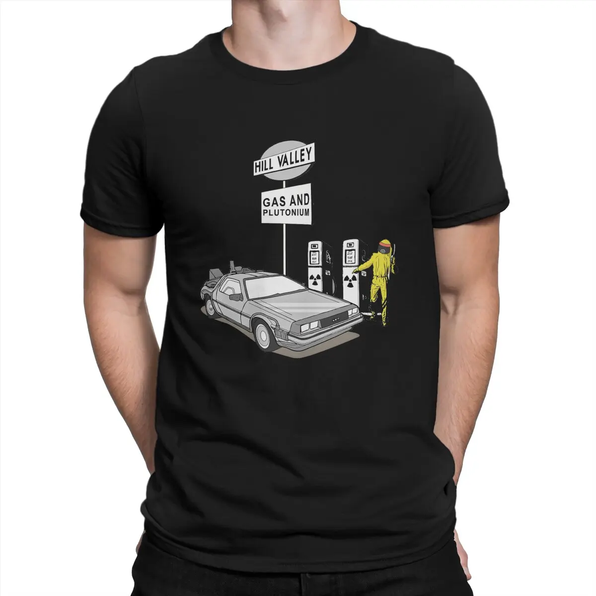 

Delorean «Hill Valley Gas Station» Мужская футболка «Назад в будущее», топы с круглым вырезом, 100% хлопковая футболка, забавные подарки высшего качества