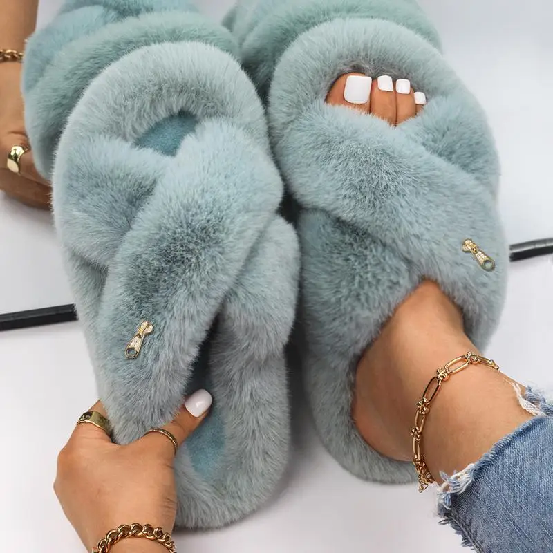 Fur Slides for Women Winter Warm Home Slippers Zipper Fashion Shoes Platform Footwear Fur Sandals Fluffy Cozy Flilp Flops