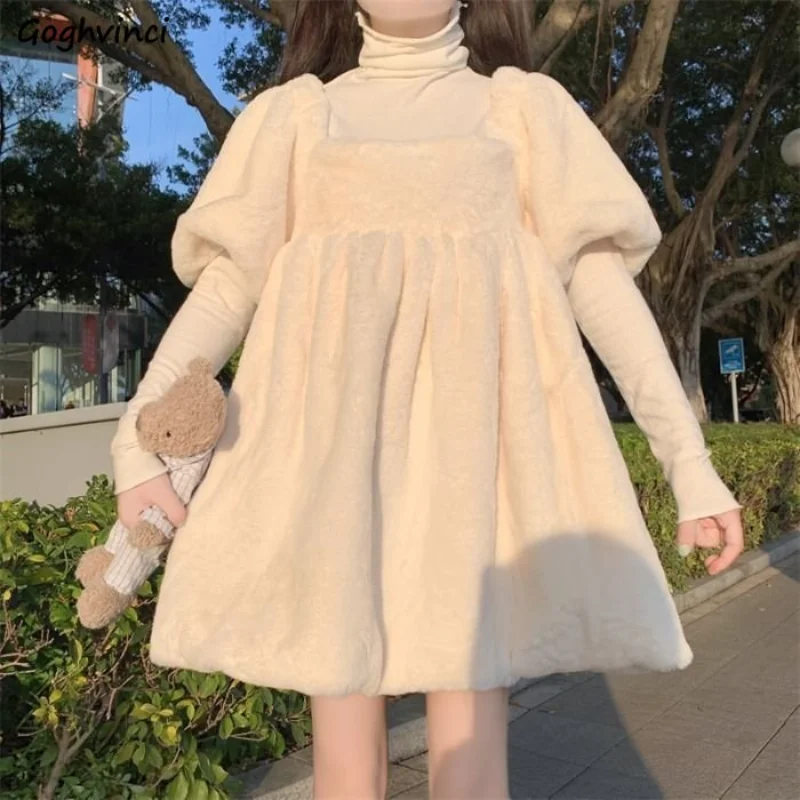 

Милое женское мини-платье с пышными рукавами, повседневное японское однотонное ТРАПЕЦИЕВИДНОЕ модное винтажное простое шикарное мягкое универсальное уличное платье Ins на осень