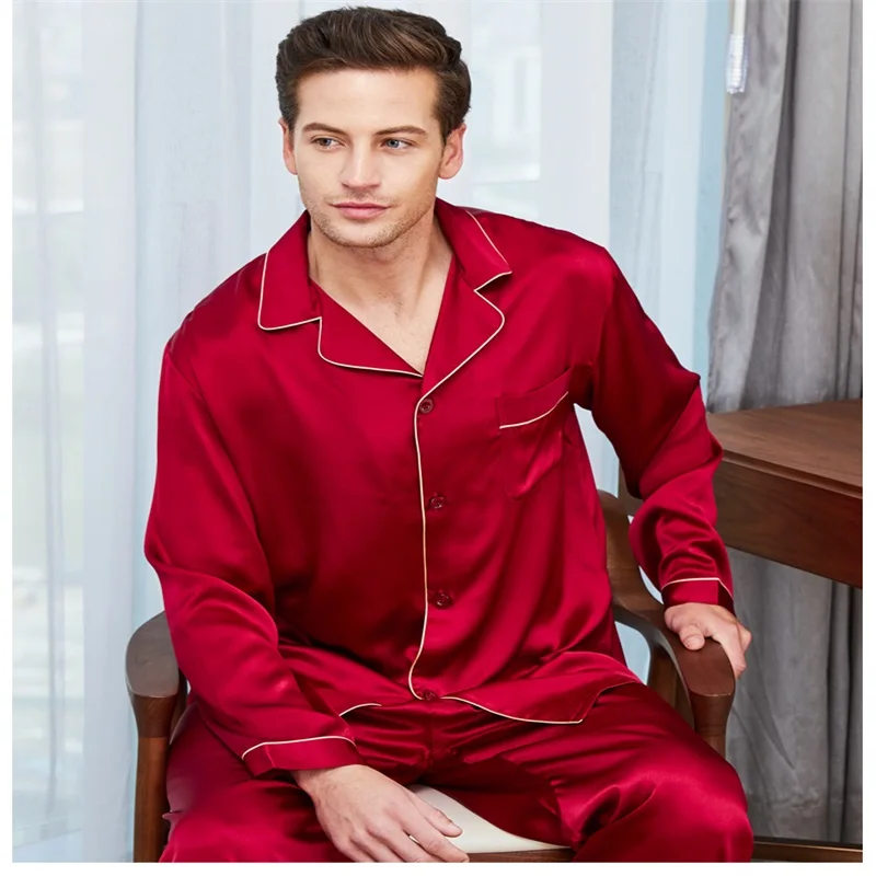 Men Pure Color Long Sleeve Trousers Comfortable Mulberry Silk Home Suit Spring Autumn Pajamas