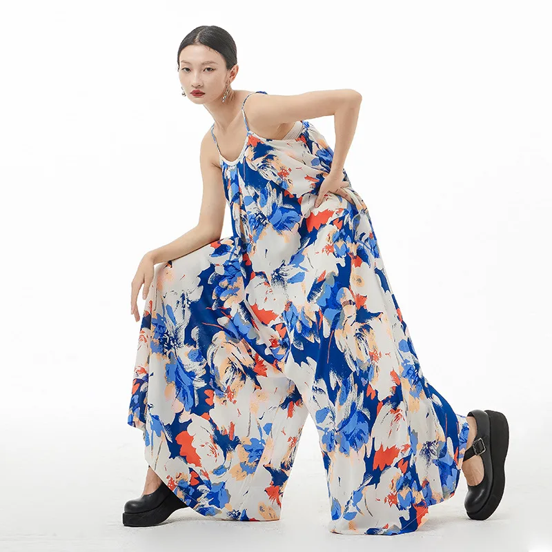 

SuperAen 2022 Summer Loose Floral Printing Suspender Jumpsuit Casual Wide Leg Pants for Women