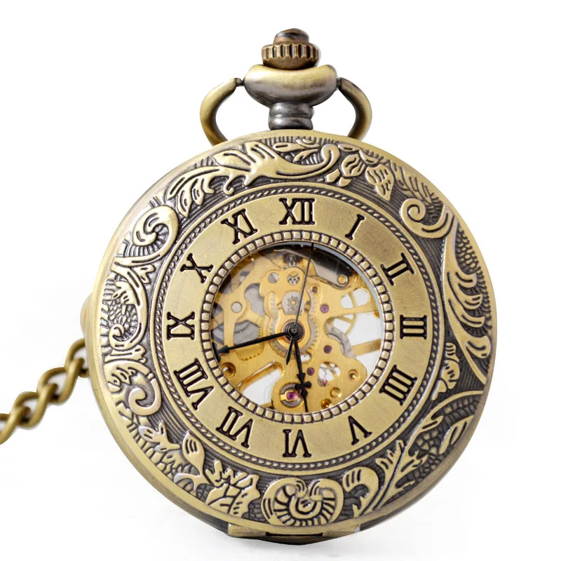 Luxury Golden Mechanical Pocket Watch for Men Women Transparent Dial Gold Case Fob Chain Clip Pendant Clock for Collection Gifts