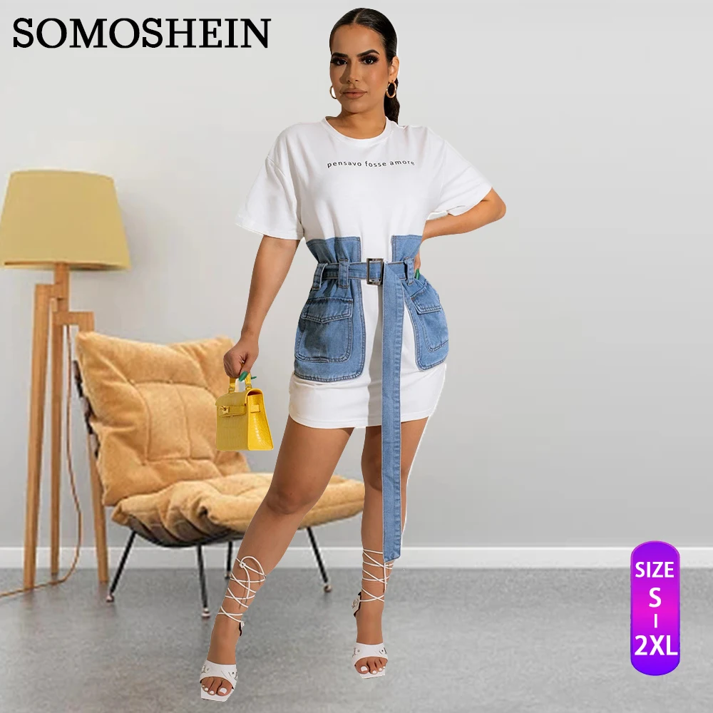 

SOMOSHEIN S-XXL Fashion Round Neck Print Letter Denim Pocket Waist Design Dress Sexy Slim Fit Mini Skirt Wholesale Dropshipping